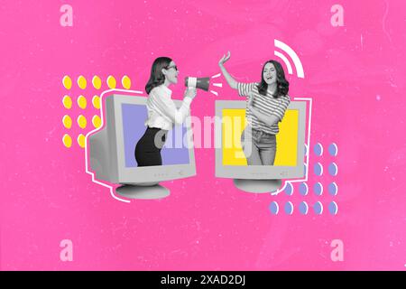 Collage di foto 3D grafica composita immagine di schizzo del display retro del monitor del computer due giovani donne appaiono in attesa di parlare con il capo dell'altoparlante Foto Stock