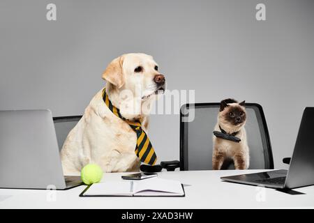 Un cane e un gatto si siedono a una scrivania in uno studio, apparentemente lavorano insieme su un progetto. Foto Stock