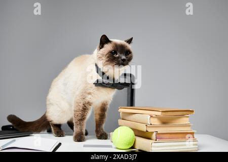 Un gatto si siede tranquillamente su una scrivania accanto a una pila di libri, crogiolandosi nel calore della conoscenza. Foto Stock