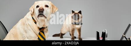 Un gatto e un cane stanno fianco a fianco in un momento armonioso, mostrando il legame tra due amici pelosi. Foto Stock