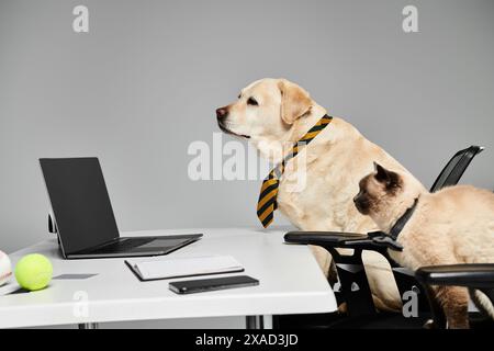 Un cane sofisticato con una cravatta siede a una scrivania con un laptop, pronto ad affrontare il mondo degli affari. Foto Stock