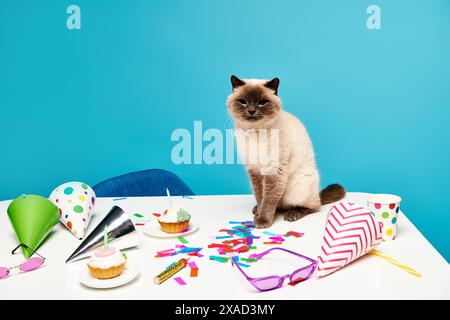 Un gatto carino con dei baffi seduti su un tavolo tra le provviste della festa. Foto Stock