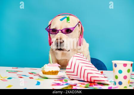 Un cane giocoso che indossa occhiali e un cappello di compleanno, pronto per una festa divertente in uno studio. Foto Stock