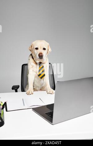 Un cane sofisticato che indossa una cravatta siede a una scrivania e sembra essere in profonda riflessione o concentrarsi su un compito da svolgere. Foto Stock