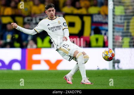 Fede Valverde del Real Madrid durante la finale di UEFA Champions League tra Borussia Dortmund e Real Madrid giocata allo stadio di Wembley il 1° giugno 2024 a Londra, Inghilterra. (Foto di Bagu Blanco / PRESSINPHOTO) Foto Stock