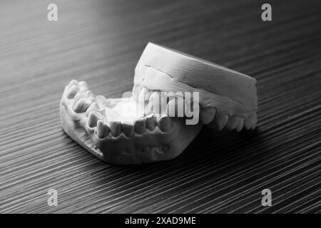 Modello odontoiatrico con gengive su tavolo in legno grigio. Fusione di denti Foto Stock