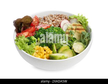 Pasto sano. Gustose verdure e grano saraceno in un recipiente isolato su bianco Foto Stock