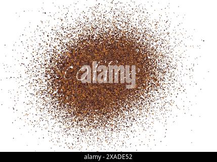 La parola caffè è scritta con polvere sparsa. Testo realizzato con particelle di polvere volante di caffè o cioccolato su sfondo bianco. Schiacciato Illustrazione Vettoriale