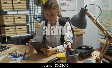 Una giovane donna concentrata indaga su un crimine in una stazione di polizia, analizzando le prove su un tablet in un ufficio. Foto Stock