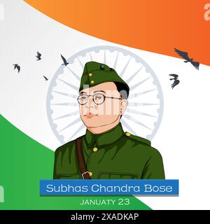 Netaji subhas Chandra Bose Jayanti poster celebrativo con sfondo triranga Illustrazione Vettoriale