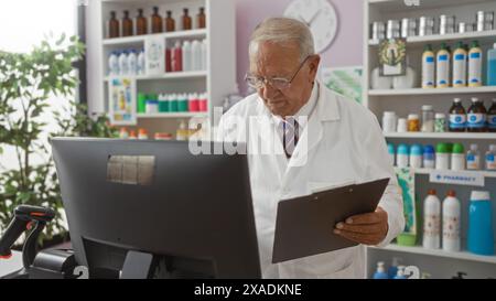 Capelli grigi, anziani, uomo caucasico in farmacia che legge un appunti accanto a un monitor al chiuso, foto di scorta che raffigura un farmacista maturo o. Foto Stock