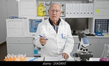 Un serio uomo anziano dai capelli grigi, uno scienziato esperto, che lavora diligentemente in laboratorio, prendendo appunti e parlando della sua ricerca all'avanguardia. un vero p Foto Stock