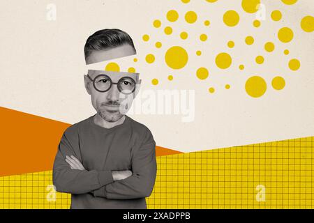 Immagine collage composita di uomo di mezza età testa tagliata opportunità pensieri psicoterapia sogni fumetti tabellone zine minimale Foto Stock