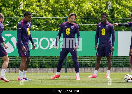 Enfield, Regno Unito. 6 giugno 2024. Jack Grealish durante l'England Training session davanti all'amichevole International vs Islanda al Tottenham Hotspur Training Ground, Enfield, Inghilterra, Regno Unito il 6 giugno 2024 Credit: Every Second Media/Alamy Live News Foto Stock