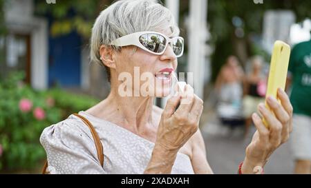 Elegante donna matura che applica il rossetto mentre guarda il suo riflesso in uno smartphone all'aperto. Foto Stock