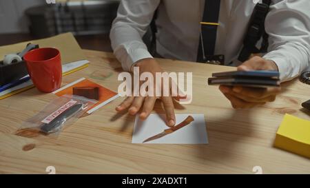 Detective afroamericano che analizza le prove nell'ufficio di un dipartimento di polizia con una tazza e un blocco note. Foto Stock