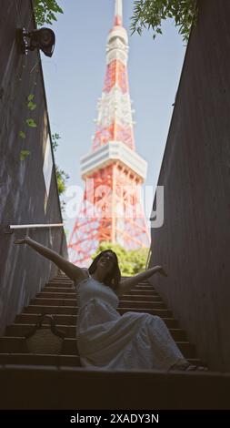 Bellissima donna ispanica con occhiali appollaiati sulle scale, un ritratto della modernità urbana nel famoso punto della torre di tokyo Foto Stock