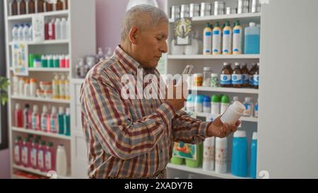 Un bell'ispanico di mezza età scatta una foto di un farmaco in farmacia con il suo cellulare, davanti a scaffali colorati. Foto Stock