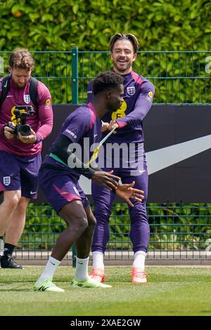Enfield, Regno Unito. 6 giugno 2024. England Jack Grealish durante l'England Training session davanti all'amichevole International vs Islanda al Tottenham Hotspur Training Ground, Enfield, Inghilterra, Regno Unito il 6 giugno 2024 Credit: Every Second Media/Alamy Live News Foto Stock