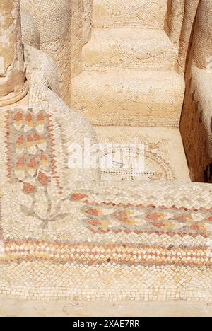 Piastrelle a mosaico alle terme pubbliche, Sufetula Romana, Sbeitla, Governatorato di Kasserine, Tunisia Foto Stock