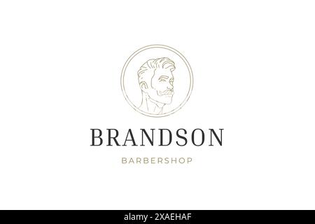 Salone di bellezza per gentiluomini barbiere parrucchiere servizio di bellezza linea circolare modello di design del logo illustrazione vettoriale. Ritratto di moda maschile con musta Illustrazione Vettoriale