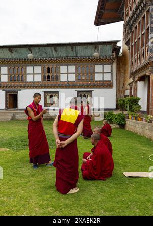 Novizi bhutanesi monaci che discutono a Nyenzer Lhakhang, Thedtsho Gewog, Wangdue Phodrang, Bhutan Foto Stock