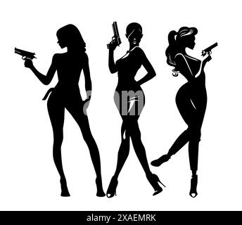 Silhouette di donne eleganti in abiti e abiti e con una pistola in mano su sfondo bianco. Illustrazione a tema Bond di una spia sparante Illustrazione Vettoriale