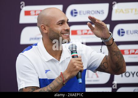 Roma, Italia. 6 giugno 2024. Marcell Jacobs d'Italia parla durante la conferenza stampa del Campionato europeo di atletica leggera di Roma 2024 a Roma, Italia, 6 giugno 2024. Crediti: Li Jing/Xinhua/Alamy Live News Foto Stock