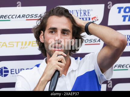 Roma, Italia. 6 giugno 2024. Gianmarco Tamberi parla durante la conferenza stampa del Campionato europeo di atletica leggera di Roma 2024 a Roma, Italia, 6 giugno 2024. Crediti: Li Jing/Xinhua/Alamy Live News Foto Stock