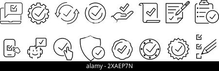 Icone delle linee relative al segno di spunta e al prodotto di qualità. Collezione di simboli del contorno. Traccia vettoriale modificabile. Illustrazione Vettoriale