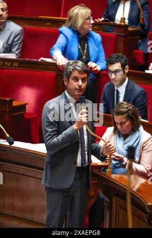 Parigi, Francia. 5 giugno 2024. Il primo ministro francese Gabriel Attal parla all'Assemblea nazionale. Una sessione settimanale di interrogatorio del primo ministro francese Gabriel Attal si svolge nell'Assemblea Nazionale al Palais Bourbon di Parigi. (Foto di Telmo Pinto/SOPA Images/Sipa USA) credito: SIPA USA/Alamy Live News Foto Stock