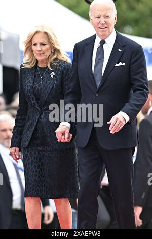 Omaha Beach, Francia. 6 giugno 2024. La first lady STATUNITENSE Jill Biden e il presidente degli Stati Uniti Joe Biden hanno partecipato alla cerimonia internazionale del D-Day Anniversary a Omaha Beach, Normandia, in Francia, il 6 giugno 2024, nell'ambito del 80° anniversario del D-Day. Foto di David Niviere/ABACAPRESS. COM credito: Abaca Press/Alamy Live News Foto Stock