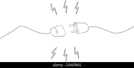 Un disegno continuo della spina da inserire nella presa elettrica. Scollegamento della presa di corrente in uno stile semplice e lineare. Illustrazione Vettoriale