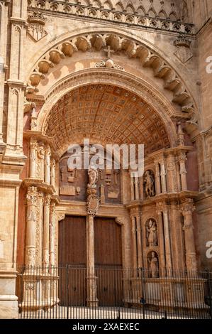 Cattedrale la Seu Santa Maria di Palma, ingresso a Maiorca con recinzione davanti, vista dall'angolo basso, ripresa verticale, Maiorca Foto Stock