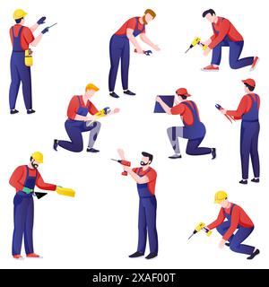 Lavoratori professionisti, uomini messi in scena, isolati su sfondo bianco. Elementi di progettazione dei servizi di manutenzione domestica. Il tuttofare fa lavori di riparazione della casa. Piatta vettoriale Illustrazione Vettoriale