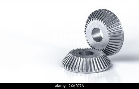 Due ingranaggi metallici che si bloccano a vicenda su sfondo bianco 3d. Foto Stock