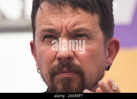 Malaga, Spagna. 6 giugno 2024. Pablo Iglesias partecipa a una riunione elettorale. L'ex vicepresidente del governo e fondatore di PODEMOS, Pablo Iglesias, ha partecipato a una campagna elettorale per sostenere il candidato PODEMOS alle elezioni europee, Irene Montero. Credito: SOPA Images Limited/Alamy Live News Foto Stock