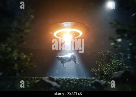 UFO rapisce una mucca di notte in una foresta, una scena di teorie della cospirazione e fantascienza. Un'illustrazione ideale per argomenti relativi agli alieni e. Foto Stock