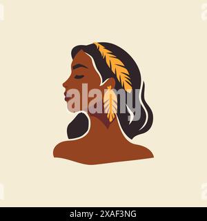 Romantico boho donna africana pelle nera accessori dorati ritratto in piuma immagine vettoriale piatta. Elegante estetica bohémien Afro beauty femminile chic Illustrazione Vettoriale