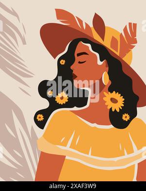 Romantico cappello da donna Afro boho estivo giallo su sfondo tropicale vintage poster d'arte moderna illustrazione piatta vettoriale. Elegante donna africana por Illustrazione Vettoriale