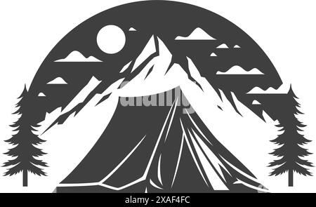 Tenda da da campeggio arresto notturno foresta montagna luna cielo vintage logo disegno isometrico vettore. Viaggio in campeggio avventura nella scogliera boscosa Illustrazione Vettoriale