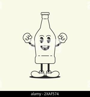 Biberon divertente mascotte comica dal carattere forte stile animato anni '30 icona line art illustrazione vettoriale. Contenitore per matracci in vetro cartoni animati con Illustrazione Vettoriale