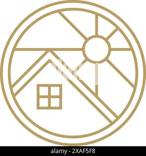 Tetto rustico della casa raggi solari luminosi cornice dorata che riproduce illustrazioni vettoriali con icone vintage. Proprietà immobiliare Sunlight Residential apartmen Illustrazione Vettoriale