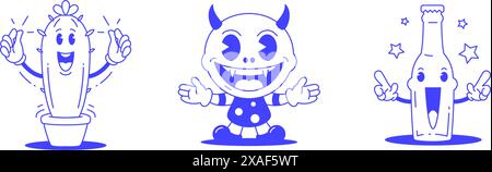 Divertente biberon da festa, baby Devil cactus in vaso, set di personaggi animati in stile retrò anni '30, icona line art, illustrazione vettoriale. Carino e allegro dri Illustrazione Vettoriale