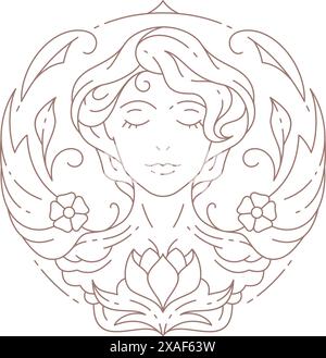 Magico bellissimo ritratto di donna con ornamento in fiore di loto illustrazione vettoriale con logo linea minimale. Sogno mistico sacro volto femminile bellezza naturale Illustrazione Vettoriale