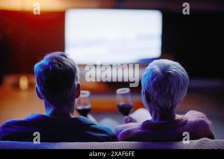 Vista sul retro della coppia senior che guarda la TV seduto sul divano di casa con le mani che tengono i bicchieri da vino, spazio per fotocopie Foto Stock