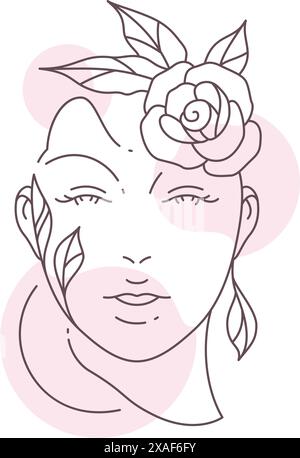 Ritratto astratto di donna di fiori con macchie di colore pastello linea art stile logo bellezza vettoriale illustrazione. Stile minimalista floreale della testa femminile in fiore Illustrazione Vettoriale
