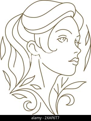 Bellissimo viso femminile con foglie floreali che sbocciano il logo art line per l'illustrazione vettoriale cosmetica. Bellezza donna ritratto fiore ramo foglia Illustrazione Vettoriale