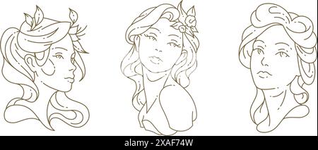 Donna elegante con ritratto di fiori, statua antica del busto della dea, set di logo art, illustrazione vettoriale. Romantica bellezza femminile viso floreale botanico blo Illustrazione Vettoriale
