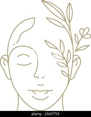 Ritratto di bellezza donna con ramoscello floreale lascia un logo minimale in stile art per un'illustrazione vettoriale cosmetica. Bel viso femminile con capelli floreali Illustrazione Vettoriale